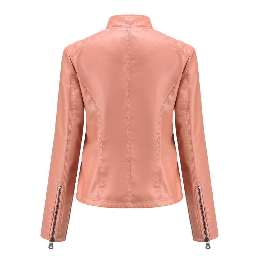 Women's casual faux leather stand-up collar jacket