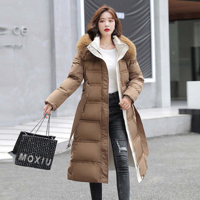 Sofia - long over-the-knee large fur collar hooded with a belt coat