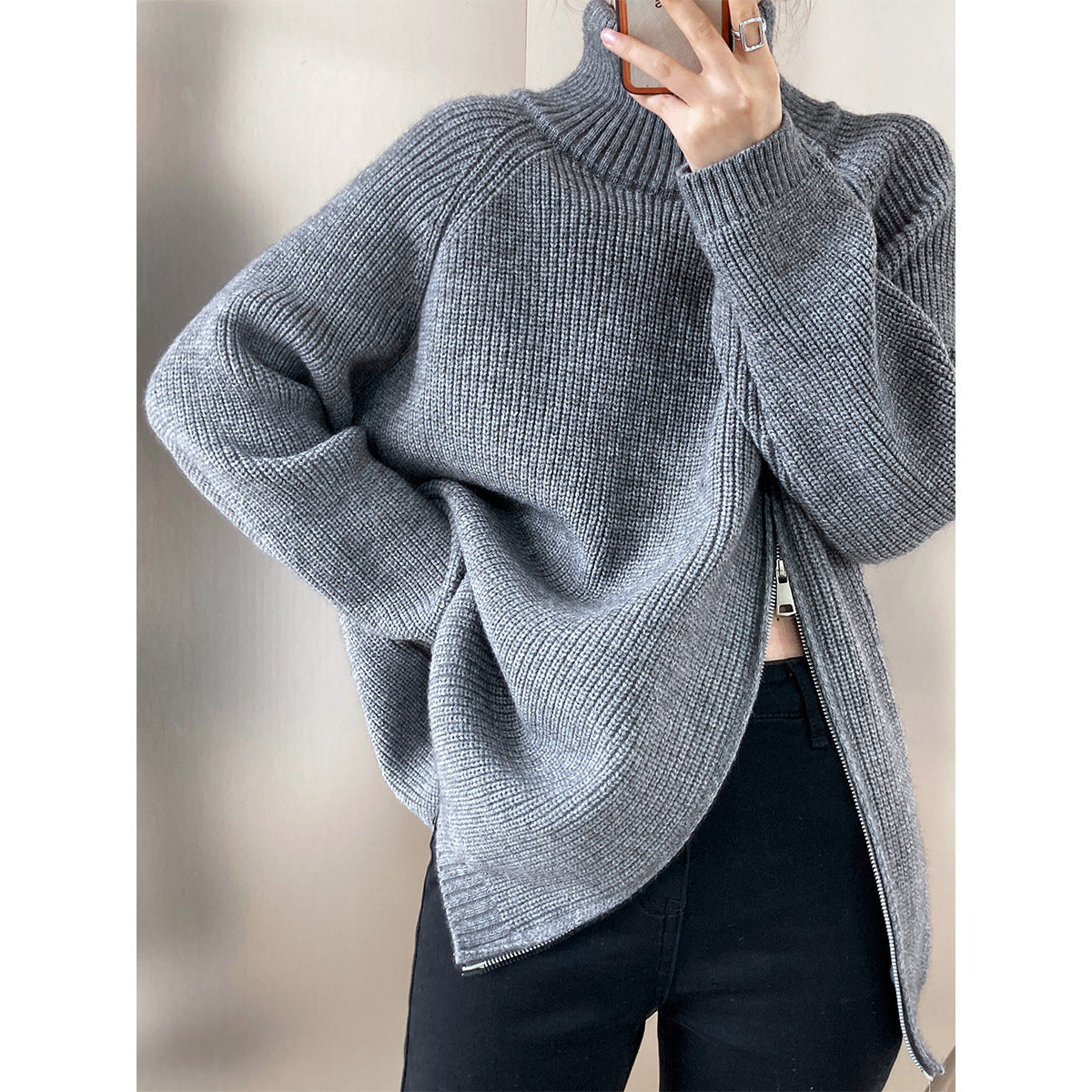 Women’s Knit Sweater – Wool Blend – Oversized Fit – High Collar – Ribbed – Side Zipper