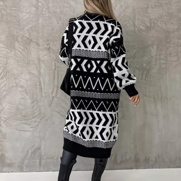 Women’s Cardigan – Jacquard Knit – Loose Fit – Long Length – Open Front – Ribbed Cuffs