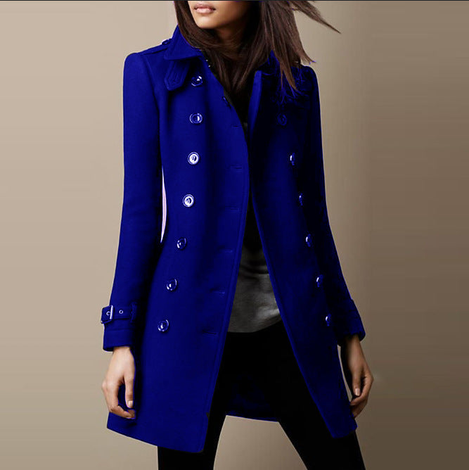 Women's Trench Coat - Double-Breasted - Tailored Fit - Mid-Thigh Length - Elegant Design