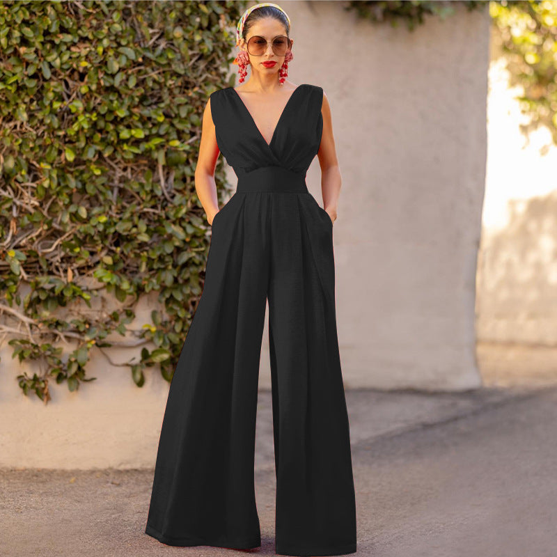 Women’s Jumpsuit – Slim Fit – Wide Leg – Sleeveless V-Neck – High Waist Elegant Style