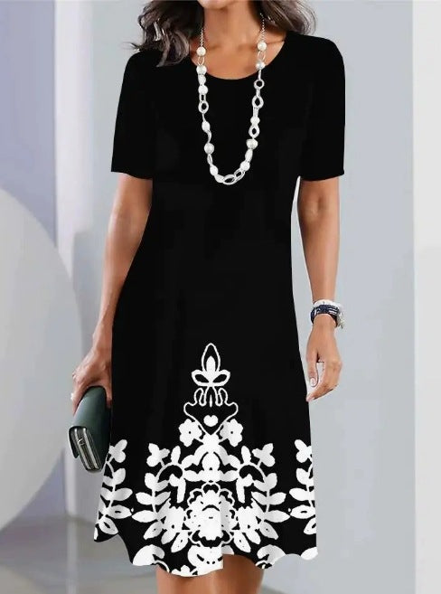 Women’s Dress – Relaxed Fit – Knee Length – Short Sleeve – Round Neck – Printed Pattern