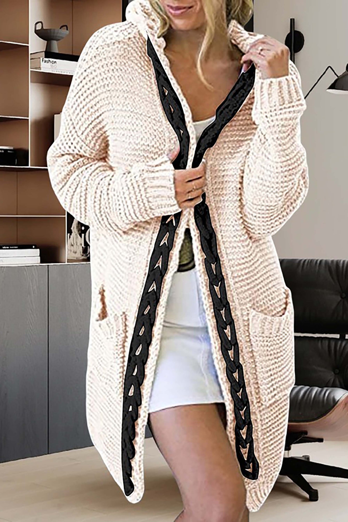 Women's Open-Front Cardigan - Chunky Knit - Long Length - Relaxed Fit - Braided Detail
