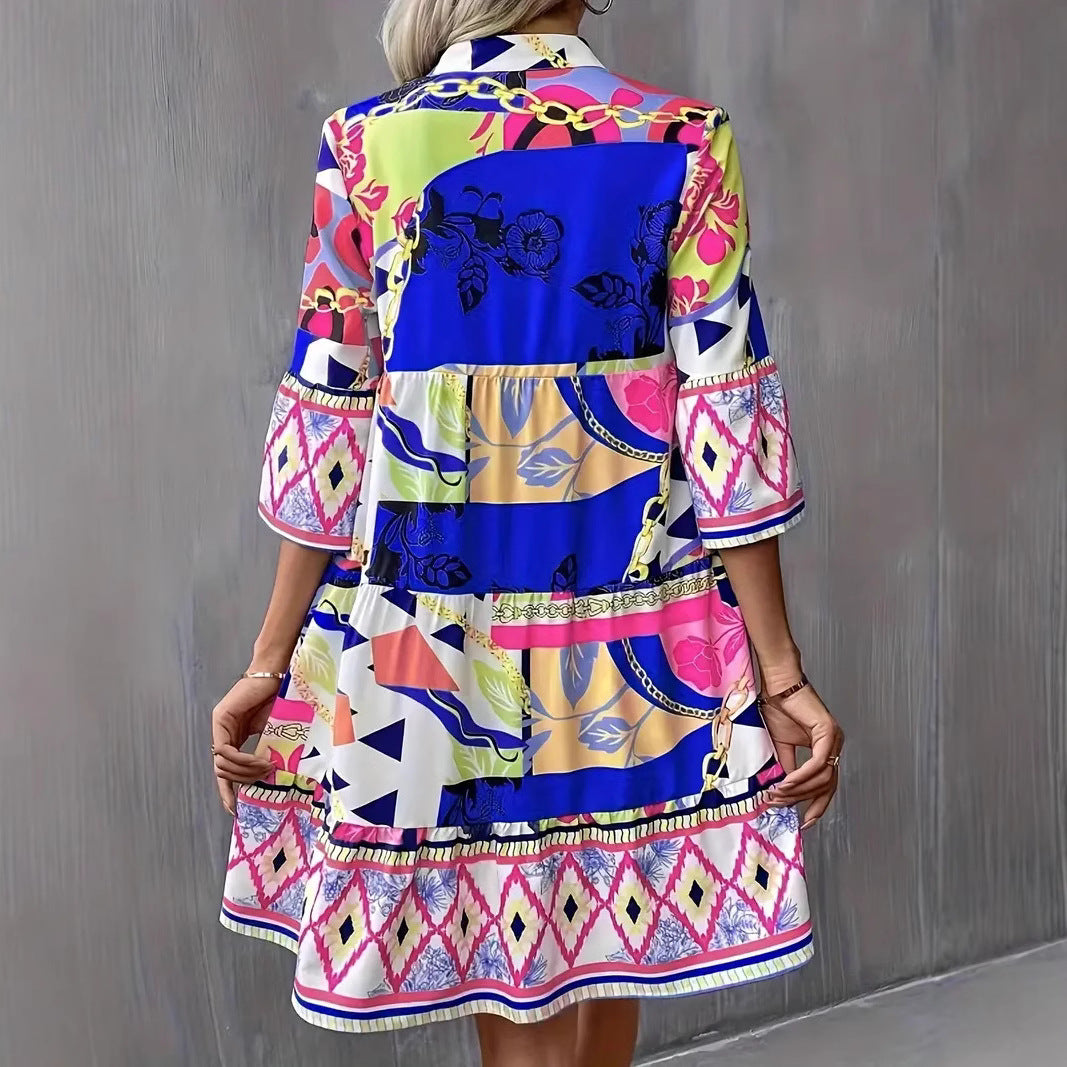 Women’s Flared Dress – Relaxed Fit – Bell Sleeves – V-Neck – Ruffle Hem Printed Casual Wear