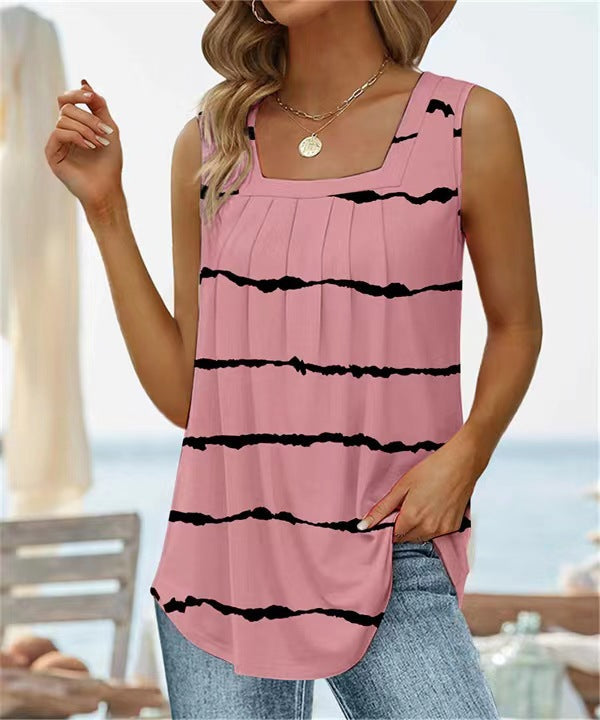 Women’s Sleeveless T-Shirt – Square Neck Vest – Floral Print – Relaxed Fit – Breathable Blend