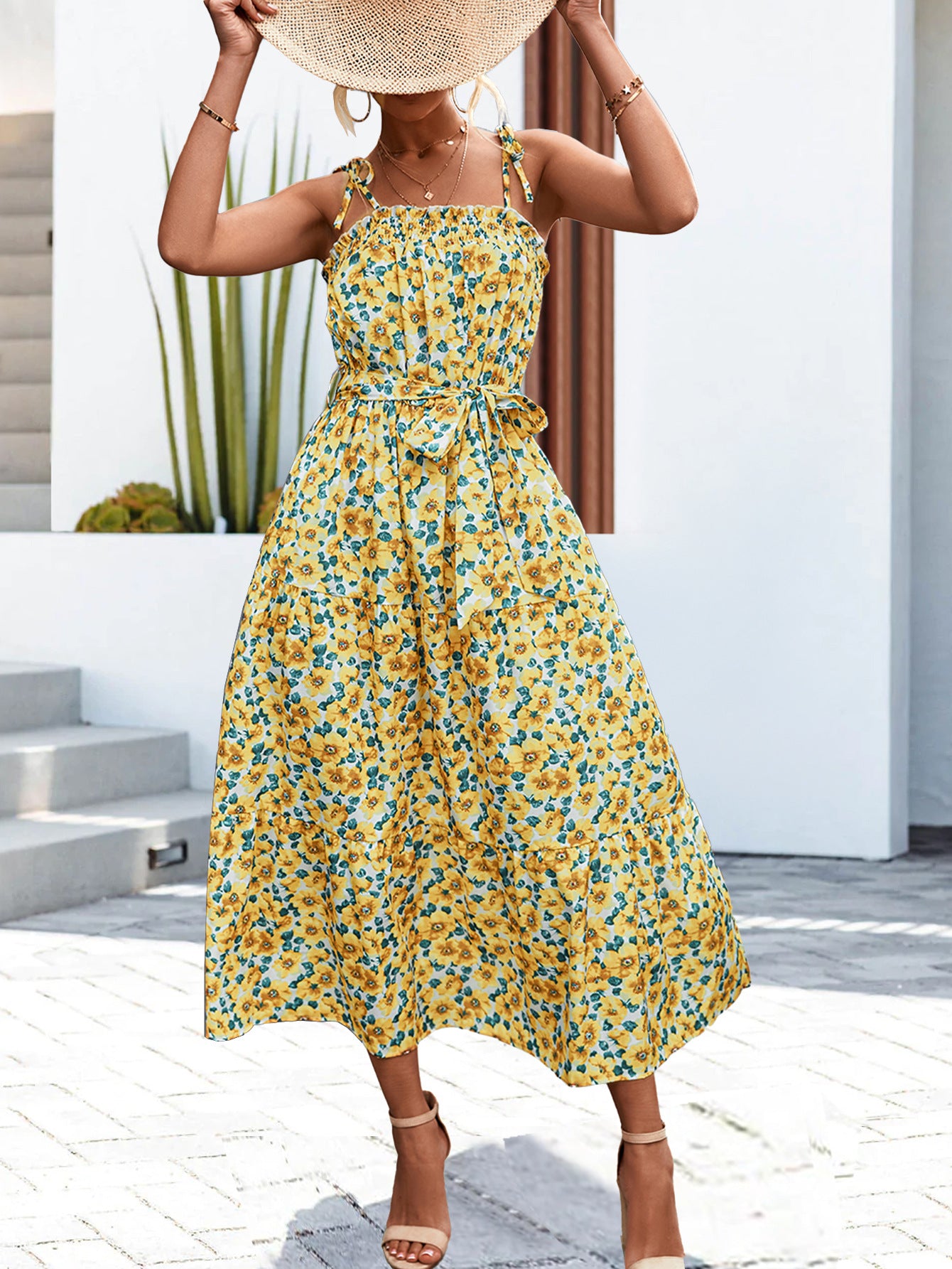 Women's Sundress - Smocked Bodice - Adjustable Straps - Floral Print - Midi Length