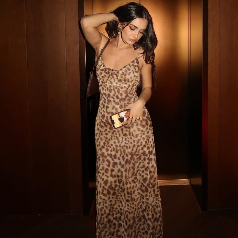 Women’s Slip Dress – Slim Fit – Satin Finish – Backless – Spaghetti Straps – Leopard Print