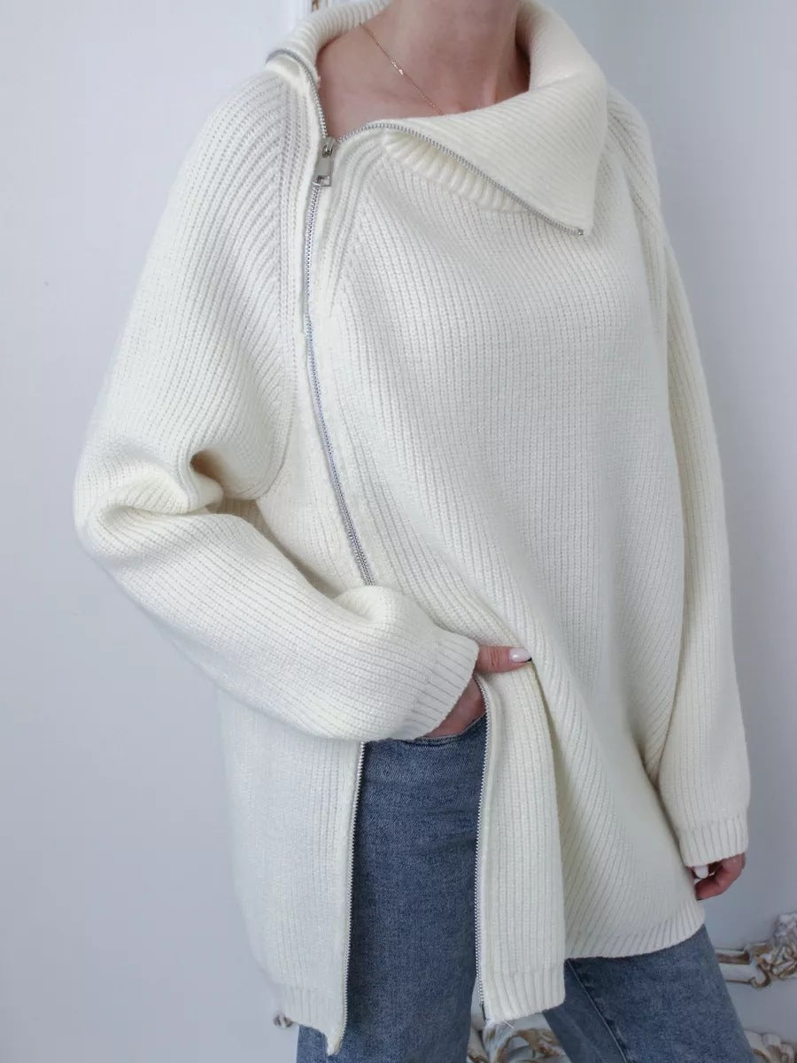 Women’s Pullover Sweater – Oversized Fit – Ribbed Knit – Asymmetrical Zipper – Large Collar