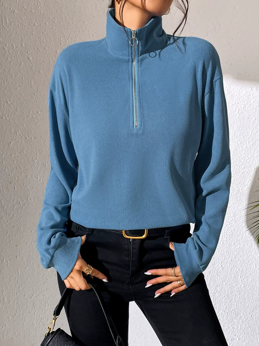 Women’s Pullover Top – Relaxed Fit – Cotton Blend – Half Zip Long Sleeve Casual