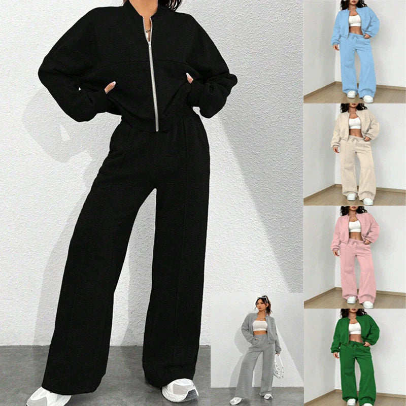 Women’s Two-Piece Loungewear Set – Relaxed Fit Bomber Jacket – High-Waist Wide-Leg Pants