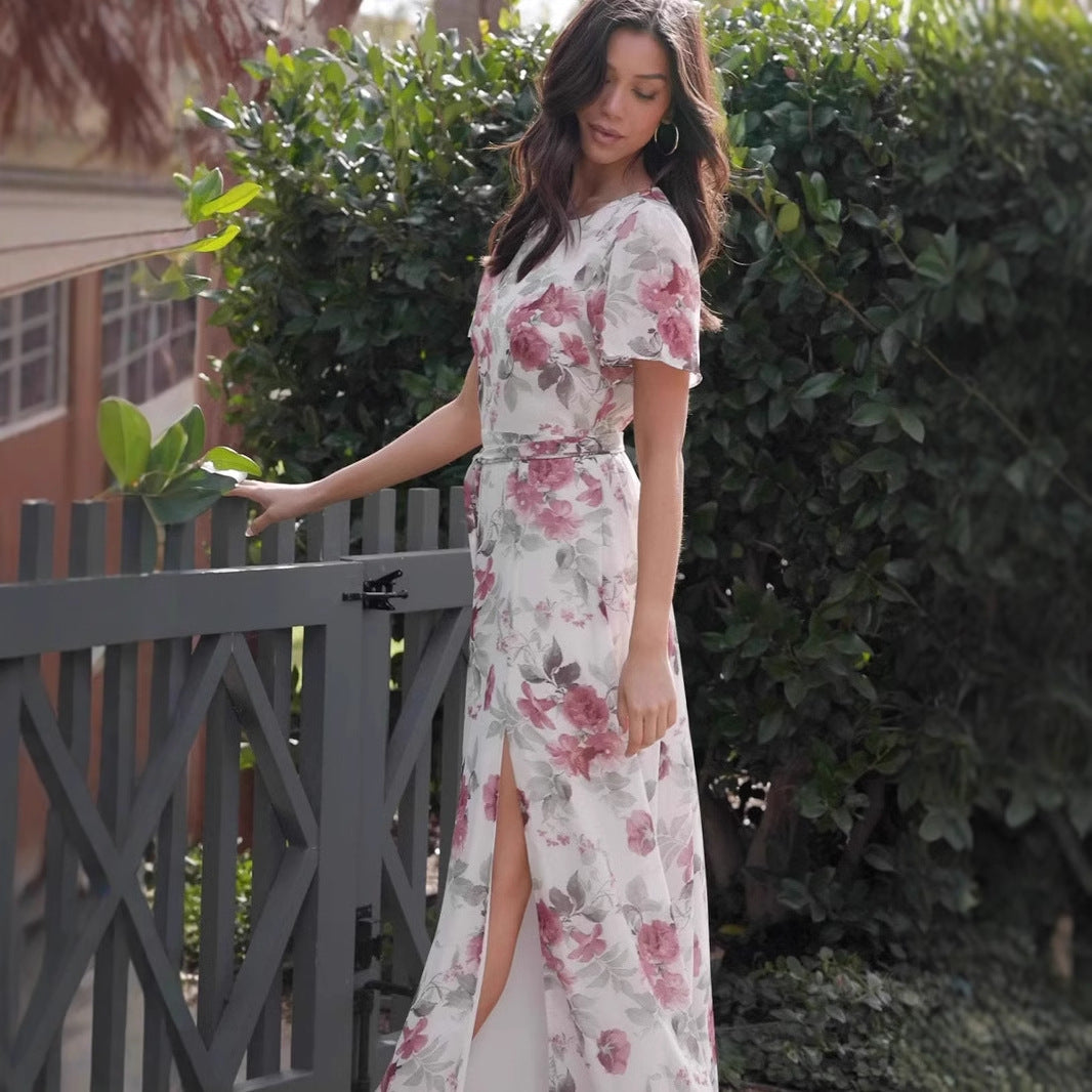 Women’s Maxi Dress – Slim Fit – Floral Print – Short Sleeve – Front Slit – Cotton Blend