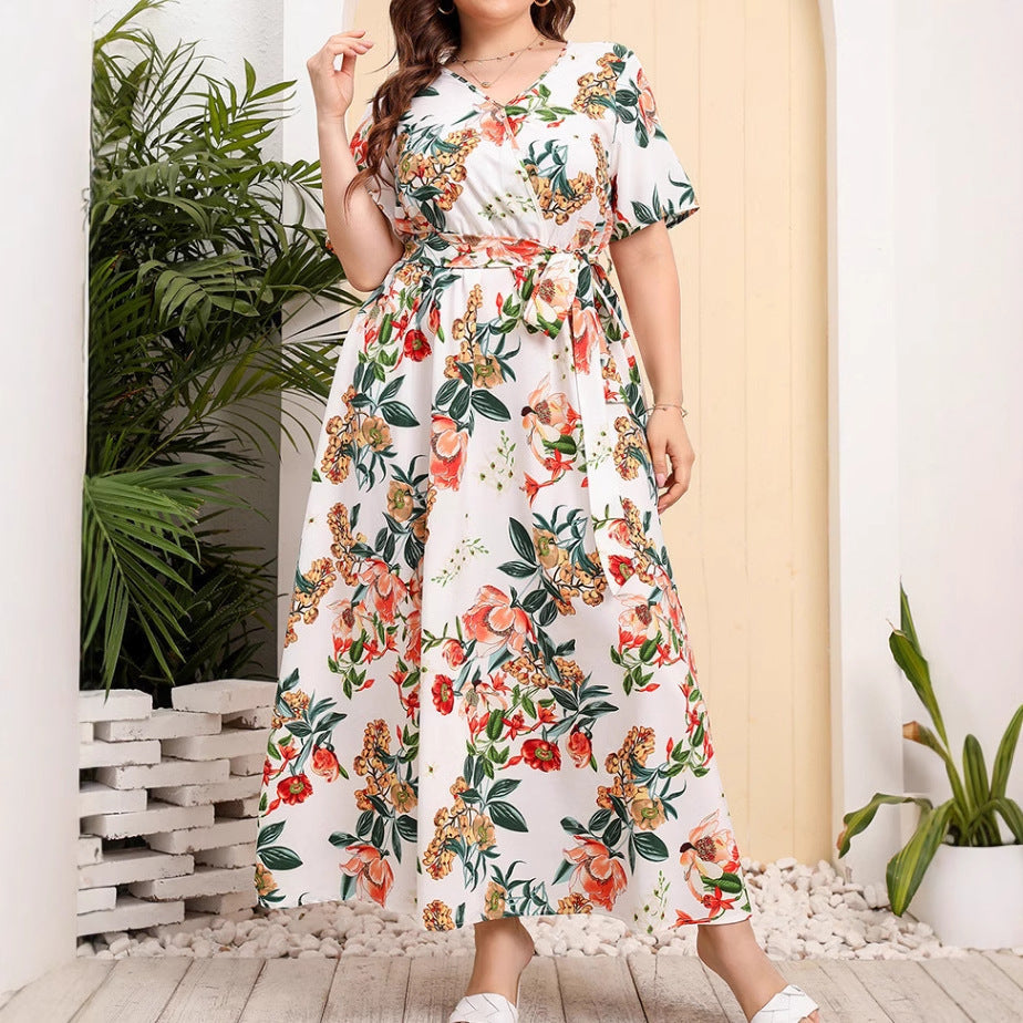 Floral Print Belted A-Line Midi Dress