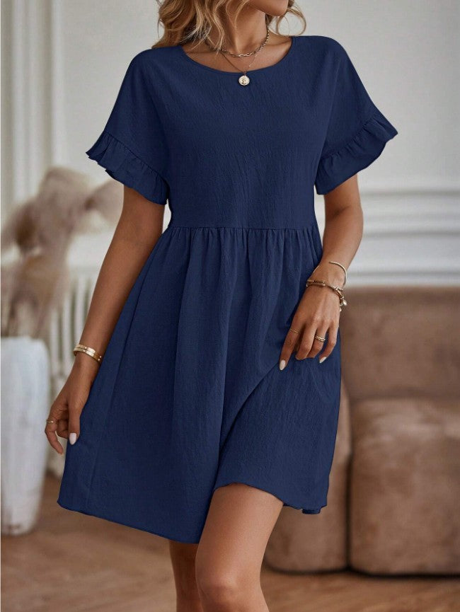 Women’s Knee-Length Dress – Cotton Linen Blend – Loose Fit – Ruffle Sleeve Casual Wear