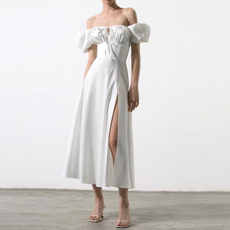 Women’s Off-Shoulder Dress – Puff Sleeve – Tie Neck – High Slit – Midi A-Line Fit