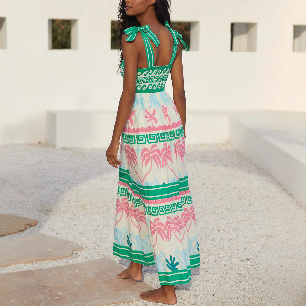 Women’s Maxi Dress – Cotton Blend – A-Line Fit – Tiered Floral Geometric Print – Pockets