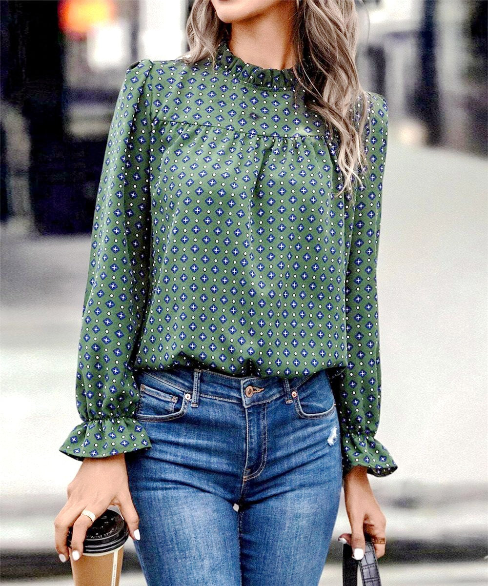 Printed High Neck Long Sleeve Blouse