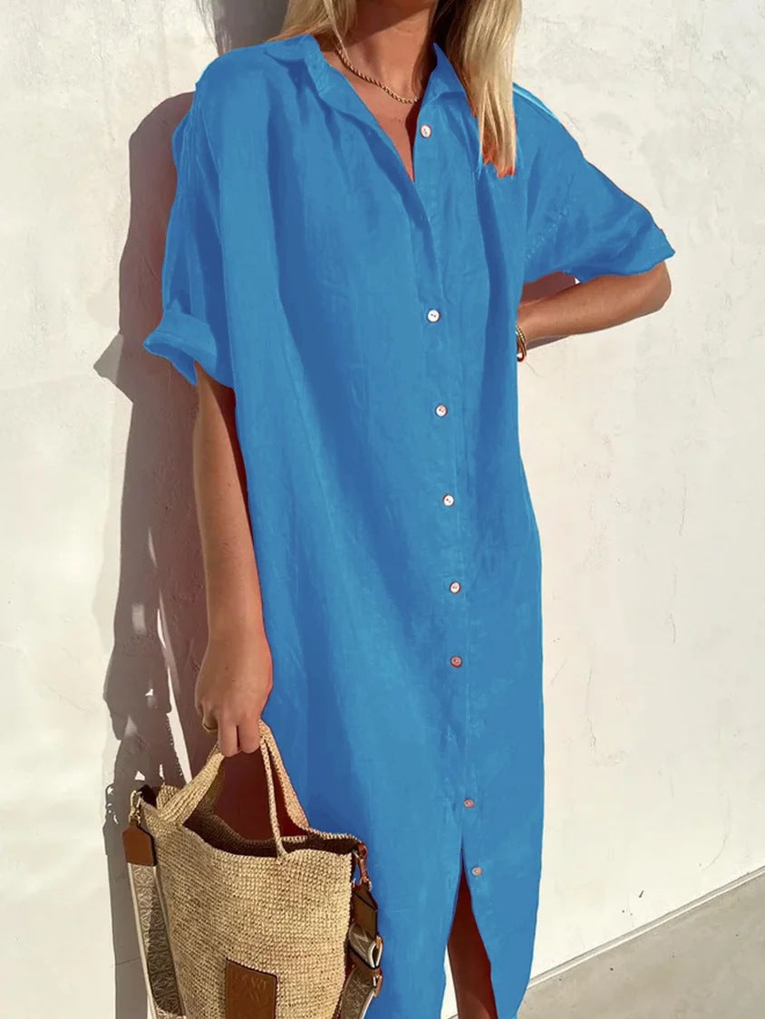 Women’s Shirt Dress – Cotton Linen Blend – Relaxed Fit – Midi Length – Button Down