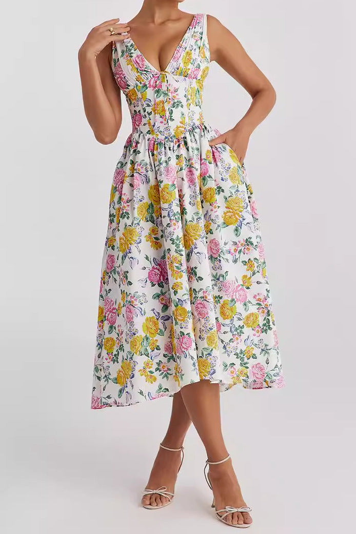 Women’s Midi Dress – Sleeveless V-Neck – A-Line Fit – Floral Print – Lightweight Cotton