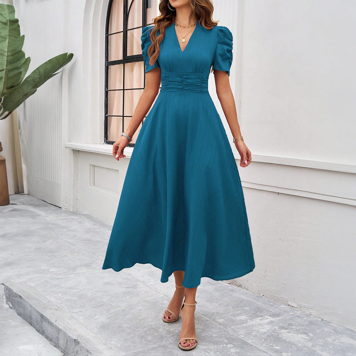 Women’s Midi Dress – Fit and Flare – V-Neck – Puff Sleeve – Ruched Waist Elegant Style