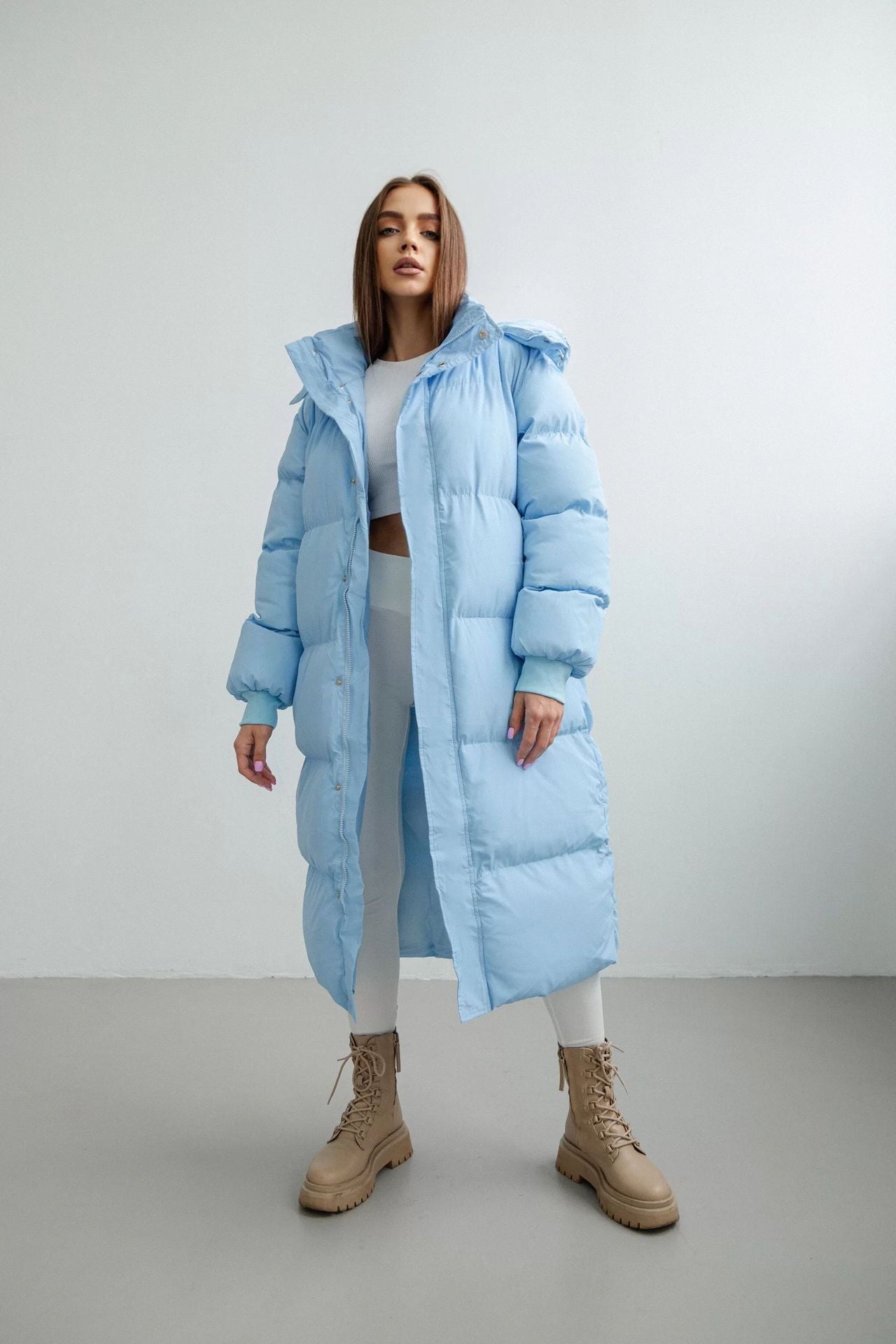 Women’s Long Puffer Trench Coat – Oversized Fit – Quilted Insulated – Hooded Zip Front
