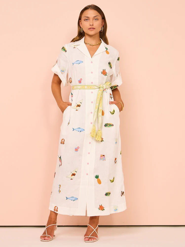 Women’s Shirt Dress – Lightweight Cotton – Relaxed Fit – Button Front – Printed – Belted Waist