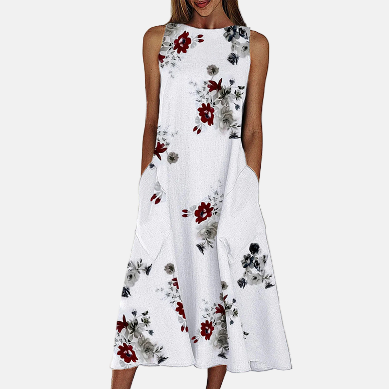 Women's Sleeveless Floral Dress - A-Line Midi - Lightweight with Pockets