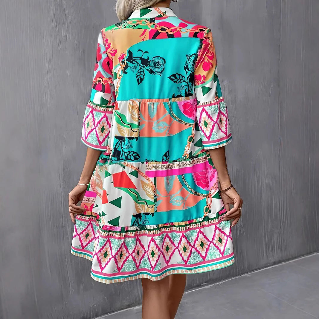 Women’s Flared Dress – Relaxed Fit – Bell Sleeves – V-Neck – Ruffle Hem Printed Casual Wear