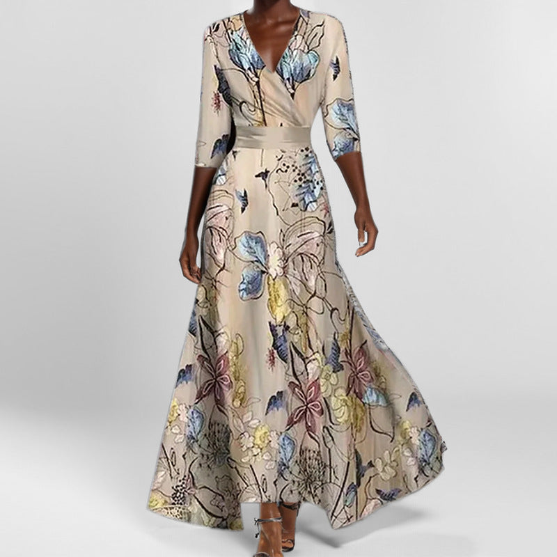 Women’s Maxi Dress – V-Neck with Trim – A-Line Fit – Lace-Up Waist – Printed Skirt – Pockets