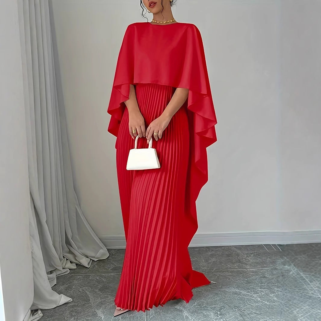 Women’s Maxi Dress – Elegant Pleated Skirt – Batwing Sleeves – High Neck Flowing Fit
