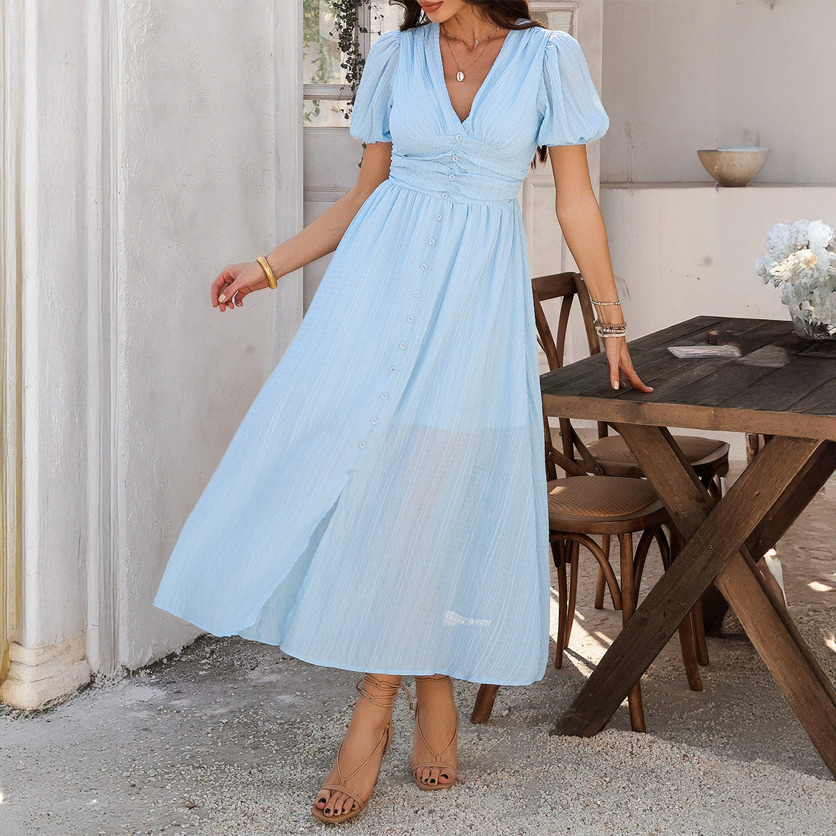 Women’s Maxi Dress – V-Neck – Puff Sleeve – Front Slit – Button Front – Cotton Blend
