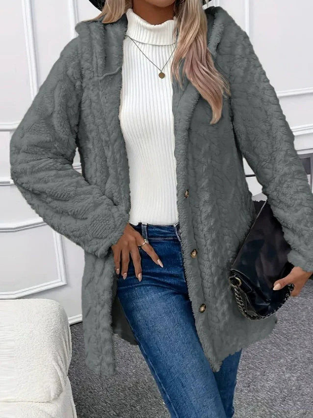 Women’s Long Jacket – Plush Textured Fleece – Oversized Fit – Hooded Button Front