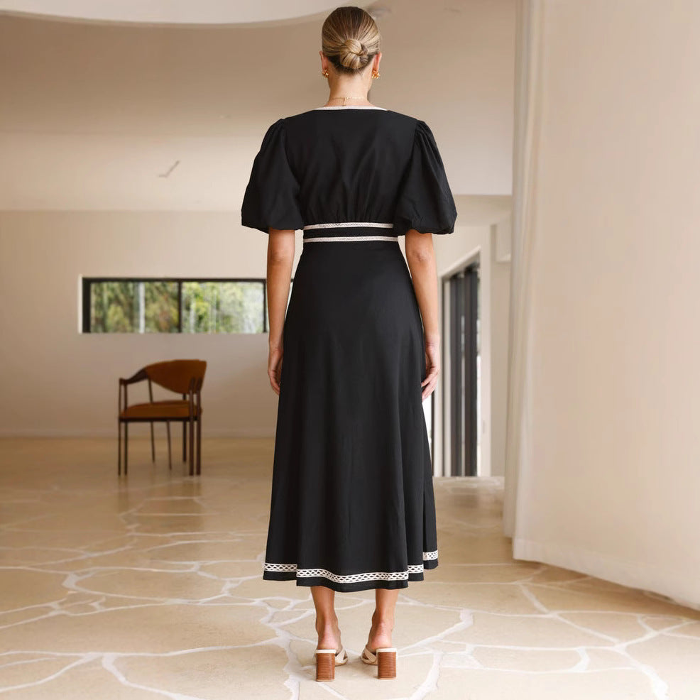 Women’s Long Dress – V-Neck – Fitted Waist – Puff Sleeve – Lace Trim Elegant Style