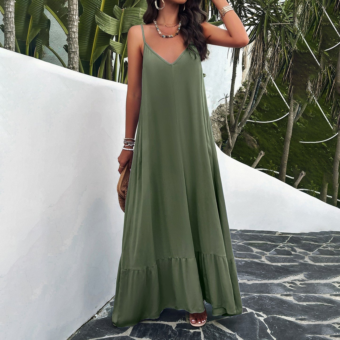 Women’s Maxi Dress – A-Line Fit – V-Neck – Lace Trim – Lightweight Cotton Blend