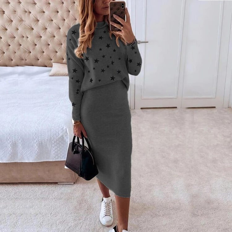 Women’s Two-Piece Set – Knit High Neck Top with Stars – Slim Fit Midi Skirt