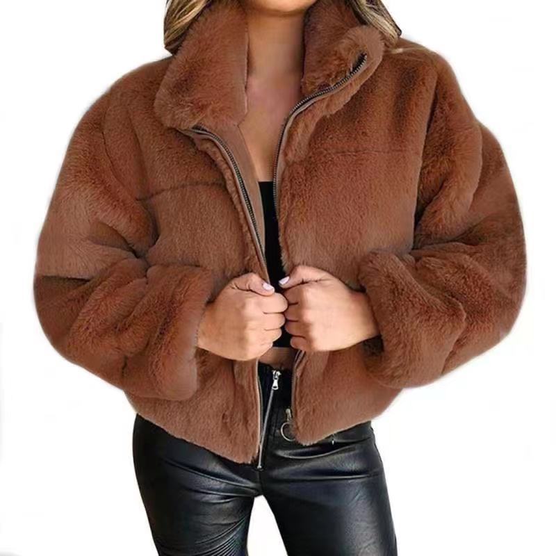 Women’s Cardigan Coat – Faux Fur – Oversized Fit – Zipper Front – High Collar