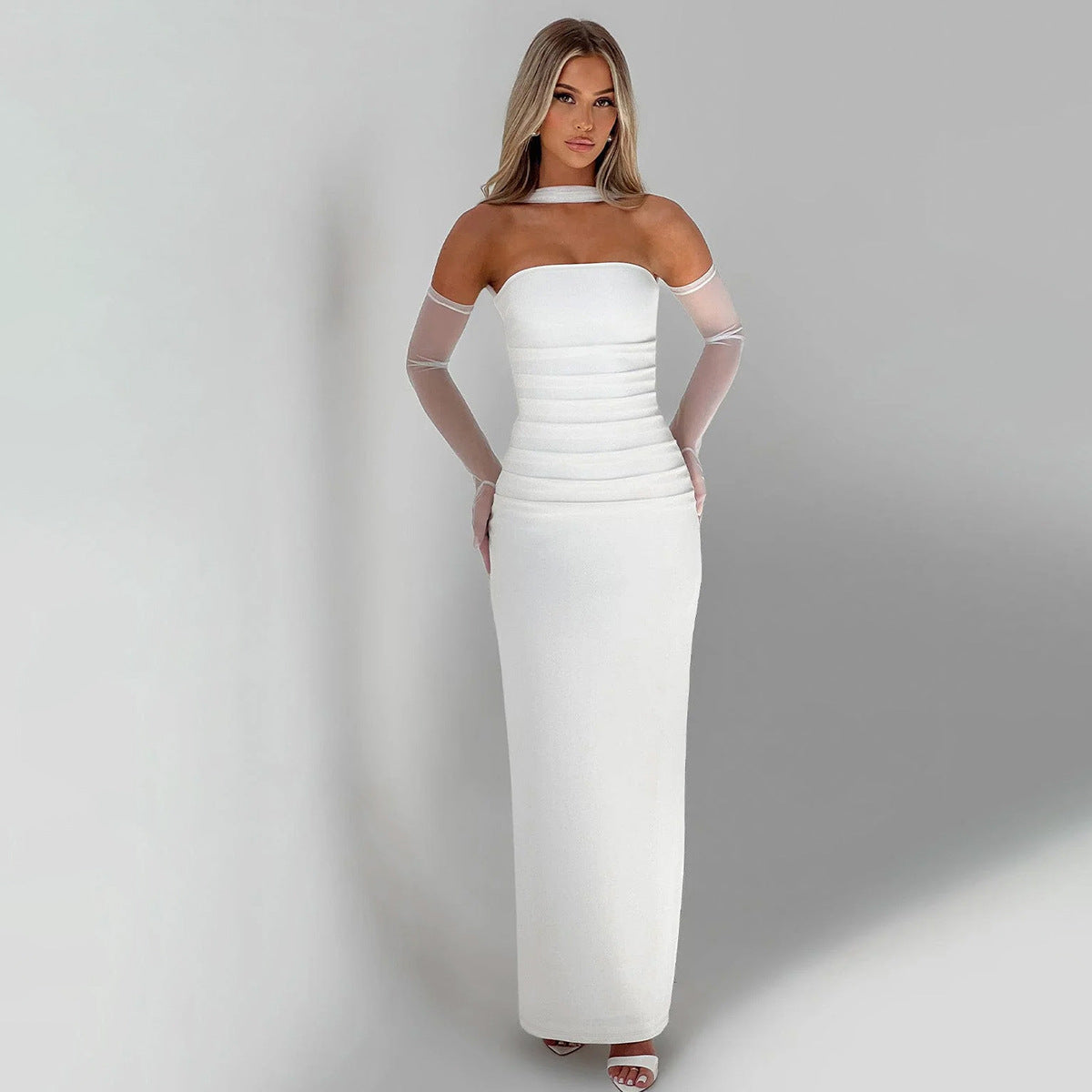 Women’s Evening Gown – Strapless Slim Fit – Satin Look – Mesh Sleeves and Scarf