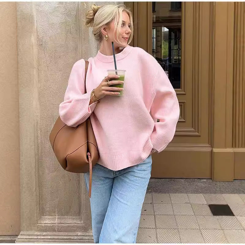 Women's loose pink round neck pullover sweater