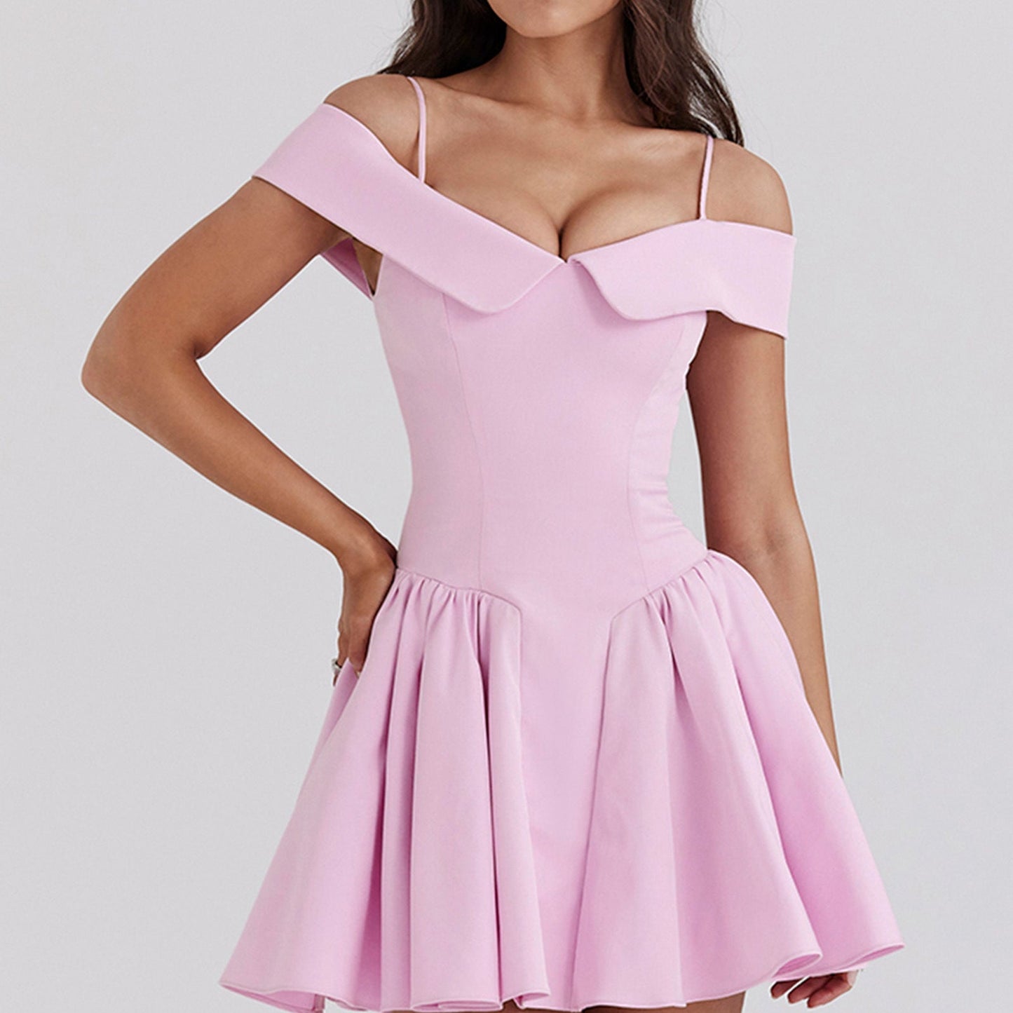 Women’s Off-Shoulder Dress – Midi Length – A-Line Fit – Spaghetti Straps – Elegant Style