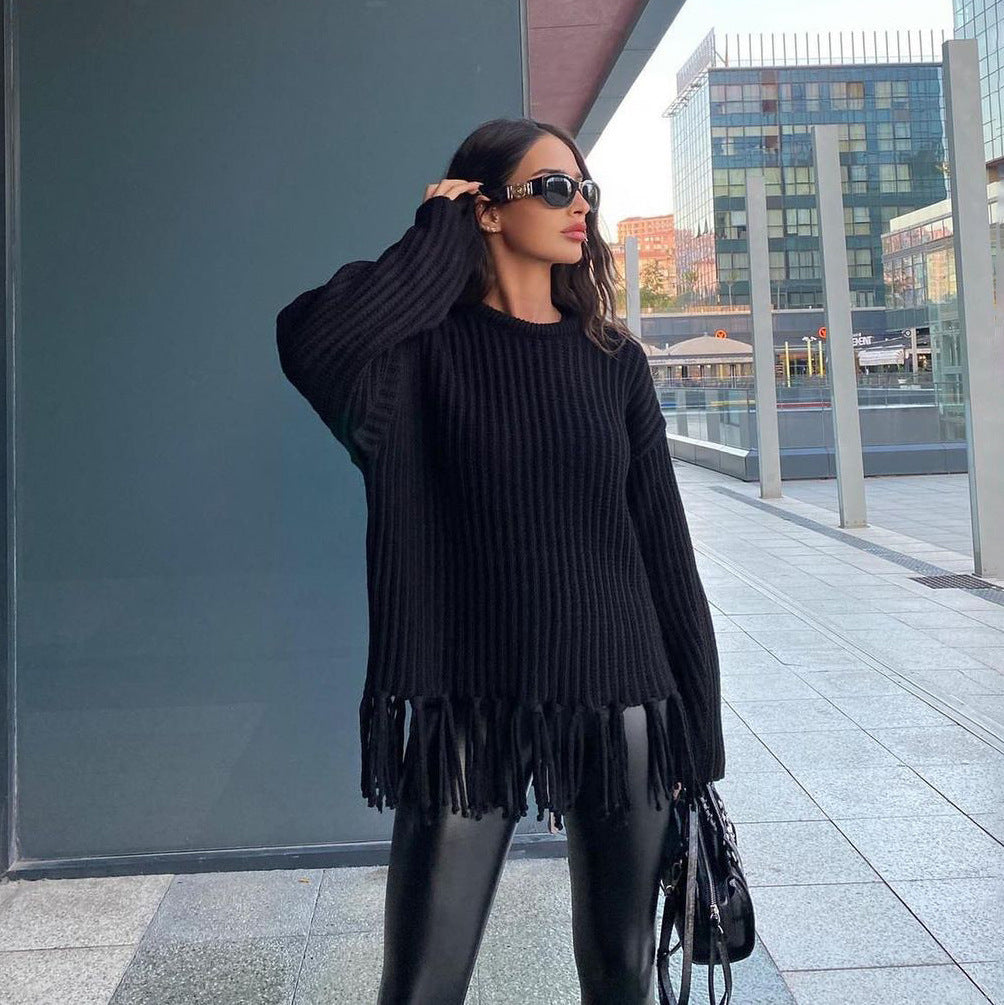 Women’s Pullover Sweater – Oversized Fit – Wool Blend – Ribbed Knit – Fringe Hem