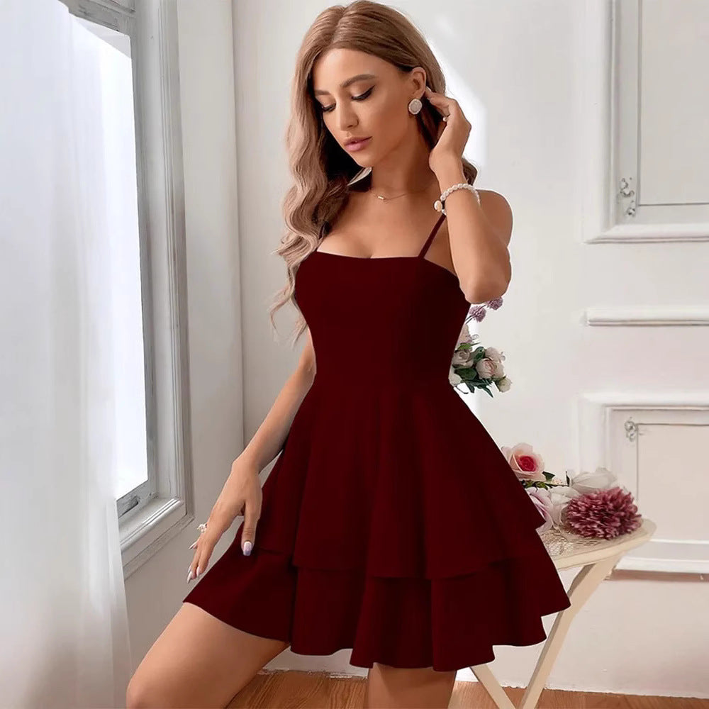 Women’s Mini Dress – A-Line Fit – Spaghetti Straps – Tiered Skirt – Open Back