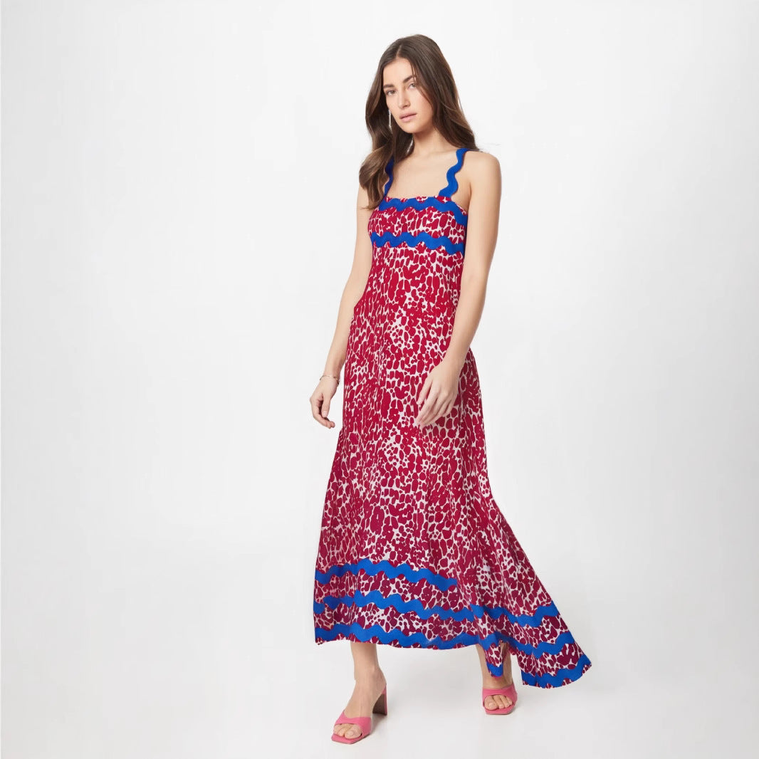 Women’s Long Dress – Floral Print – Flowing Fit – Satin-Like Fabric – Wavy Trim