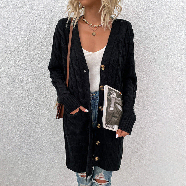 Women's knee-length twist sweater cardigan with buttons and pockets