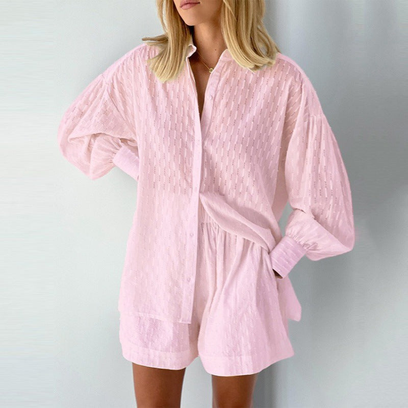 Veerna - jacquard drop shoulder sleeves button down long sleeve and short set