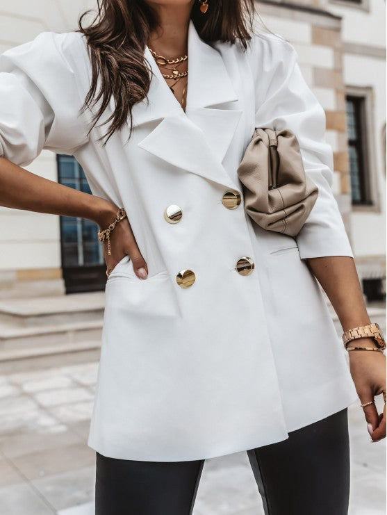 Women’s Blazer – Tailored Fit – Puff Sleeves – Lapel Collar – Button Front – Hip Length