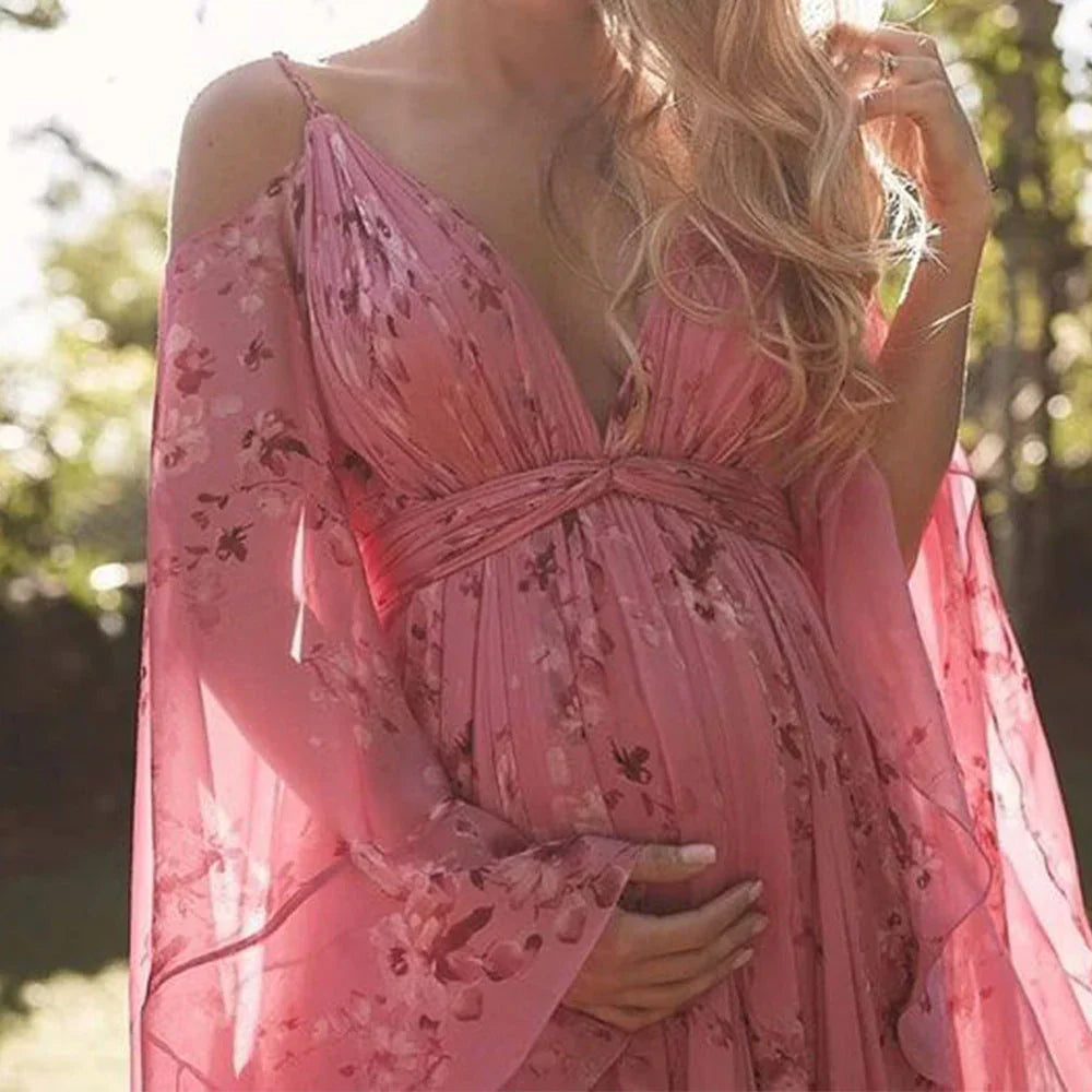 Women's Chiffon Maxi Dress with V-Neck and Floral Print