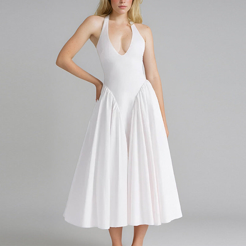 Plunge V-Neck Midi Fit-and-Flare Halter Dress