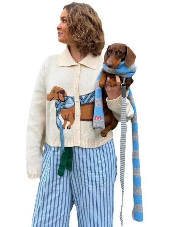 Women’s Cardigan Sweater – Cropped Fit – Knitted – Button Front – Dachshund Graphic
