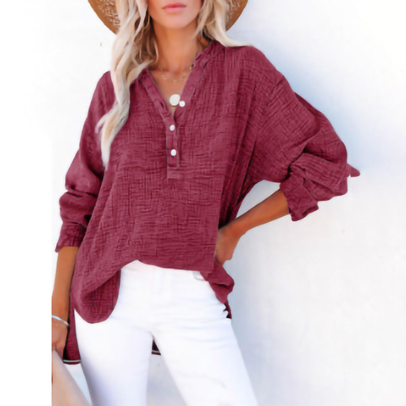 Women’s Long Sleeve Top – Relaxed Fit – Natural Fibers – Pleated Button Front