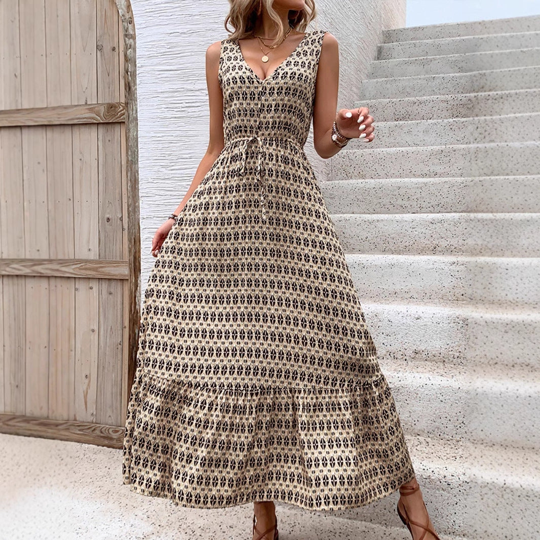 Women’s Midi Dress – Sleeveless V-Neck – Bohemian Print – Waist Tie Flowy Fit